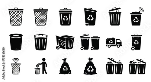 Collection of various trash cans and recycling bins