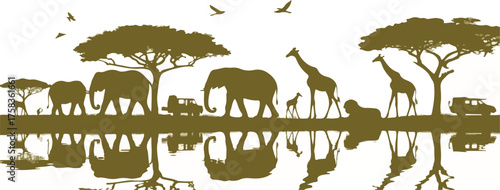 Silhouette of african wildlife and vehicles silhouette, africa, wildlife, elephants, giraffes, trees, reflection, vehicles, savanna, birds, safari, landscape