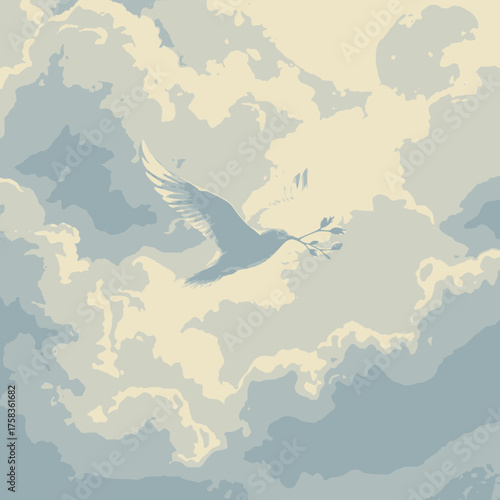 A gentle white dove carries a sprig of autumn leaves through the soft clouds towards a distant full moon