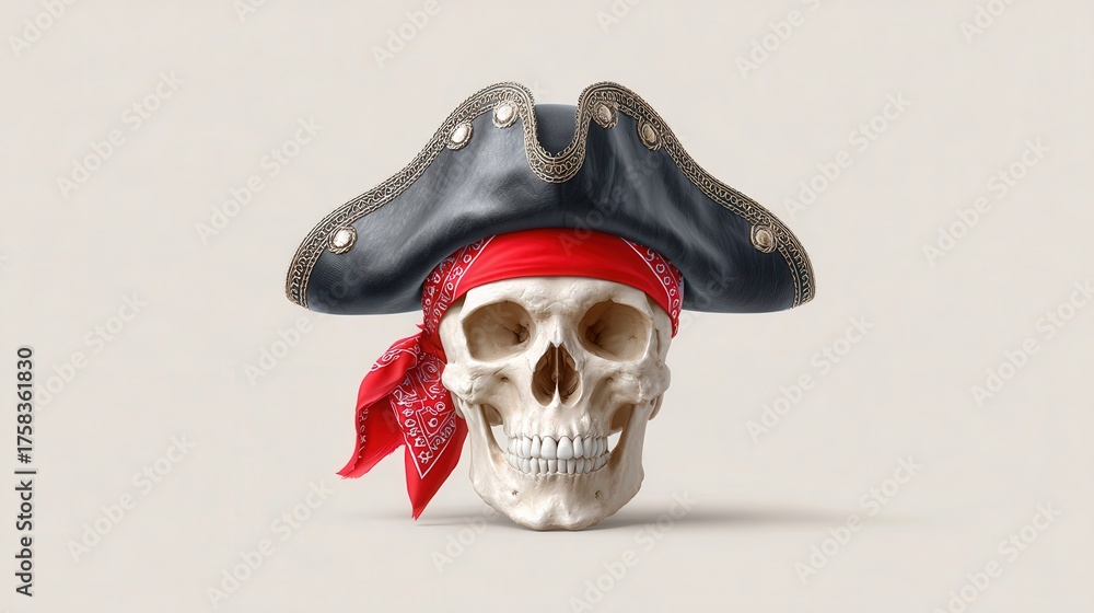 Naklejka premium A pirate-themed skull wearing a tricorn hat and a red bandana, evoking a sense of adventure and mystery.