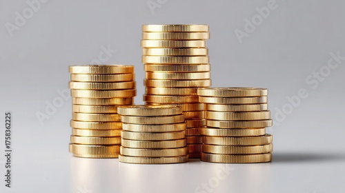 A stack of shiny gold coins arranged in various heights, showcasing wealth and financial prosperity against a simple background.