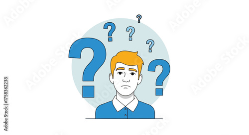 Man with question marks, thinking about something