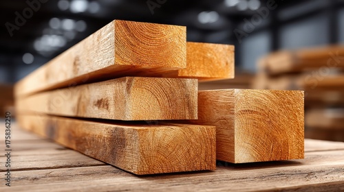 A close-up view of stacked wooden planks, showcasing their rich texture and grain, set against a blurred background of a storage area.