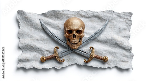 A stylized skull and crossed swords are prominently displayed on a textured surface, evoking a pirate-themed design.