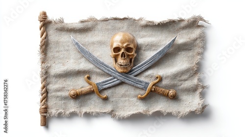 A weathered pirate flag featuring a skull and crossed swords, symbolizing danger and adventure on the high seas.