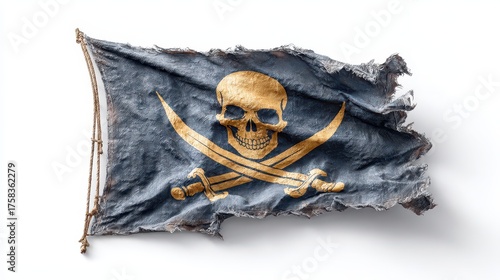 A weathered pirate flag featuring a skull and crossed swords, symbolizing piracy and adventure on the high seas.