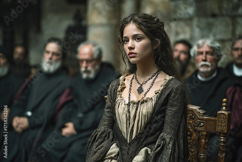 Young woman in rags stands before priests during witch inquisition in Middle Ages