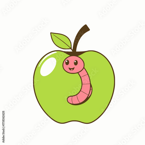 Cute cartoon worm peeking out of a healthy green apple with leaves and stem