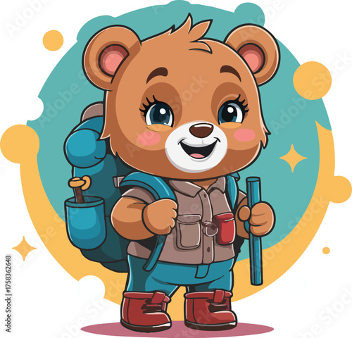 Cartoon Bear Cub Hiker with Backpack