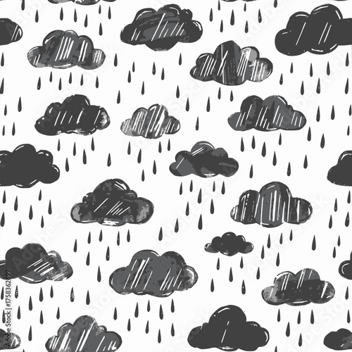 Whimsical Hand Drawn Rainy Clouds and Falling Raindrops Seamless Pattern