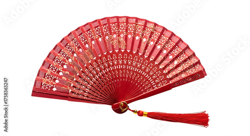 Ornate red folding fan with tassel