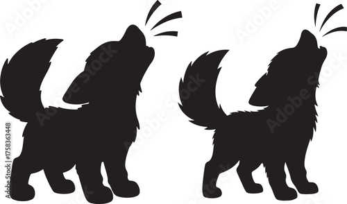 Two howling wolf cubs silhouette with sound waves