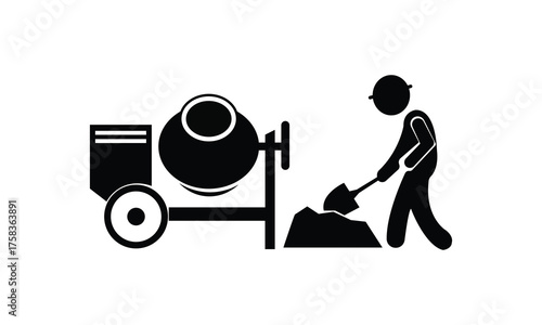 Construction worker using cement mixer and shovel illustration in black and white.
