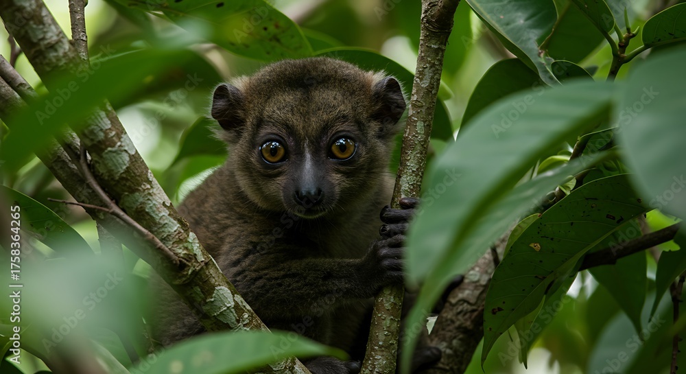 Obraz premium Close up of a lemur perched amidst lush green foliage in natural habitat