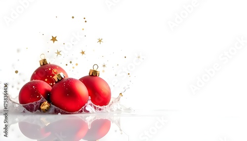 3D shiny Christmas ornaments splashing out of water with copy space, festive clean white background