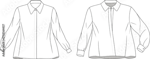 Women’s blouse technical flat sketch with collar and button placket, front and back view, fashion CAD drawing vector illustration
