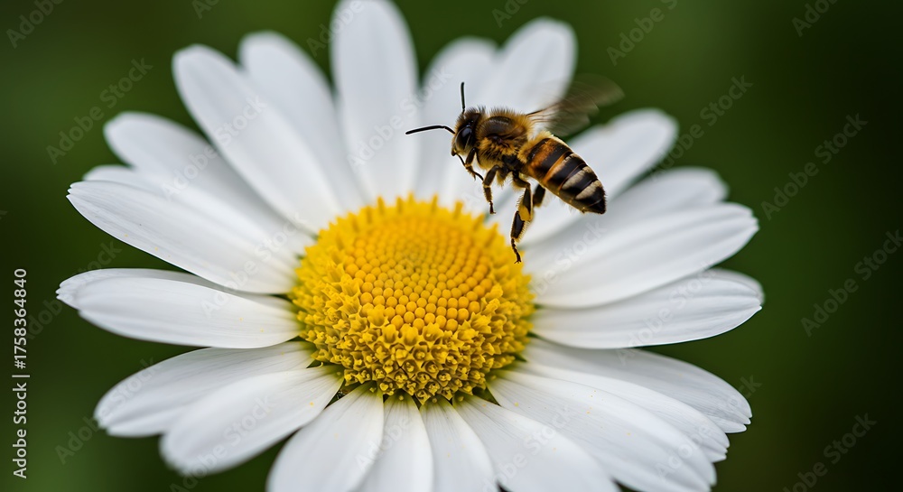 Obraz premium Bee approaching a daisy flower in bright sunlight macro shot