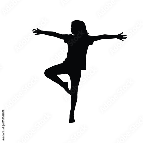 Silhouette of a girl in tree pose balancing with arms outstretched on a white background