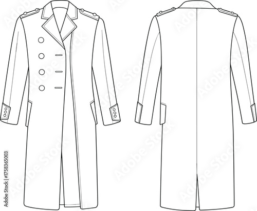 Double breasted overcoat technical flat sketch, front and back view, fashion CAD drawing, apparel design vector illustration