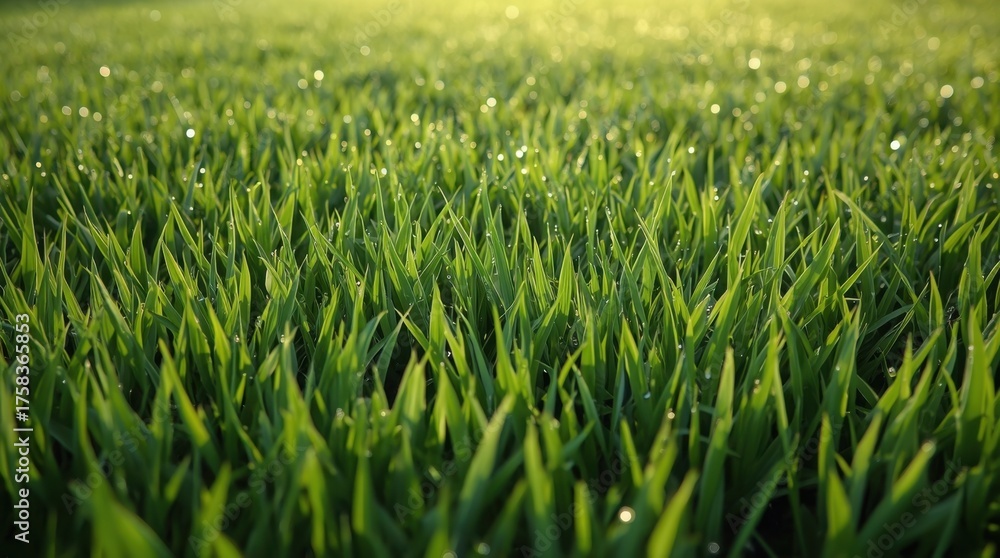 Obraz premium Fresh green grass blades glistening with morning dew in a sunny field view