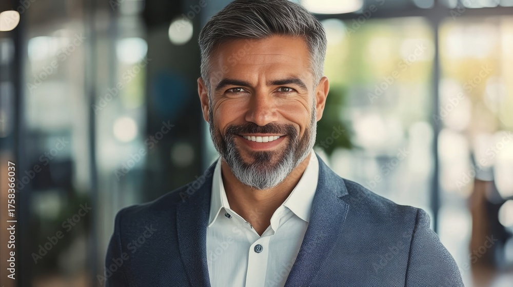 Naklejka premium Confident Executive Portrait of a Middle-Aged Male Businessman with Gray Beard and Smile in Office
