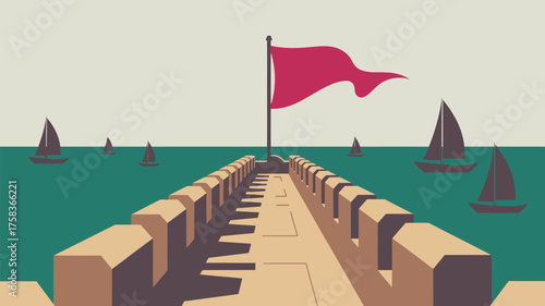 A fortress wall with a red flag overlooking the sea with several sailboats in a minimalist style art