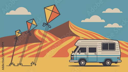 A retro illustration of a camper van in a desert landscape with kites flying in the sky and clouds above