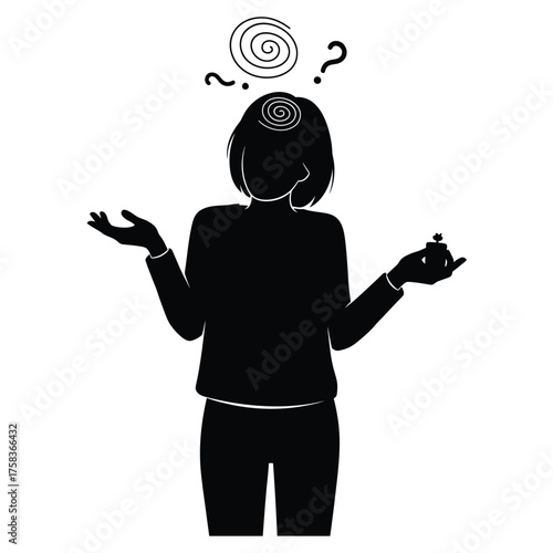 Silhouette of a woman with question marks and a spiral above her head holding a tiny object
