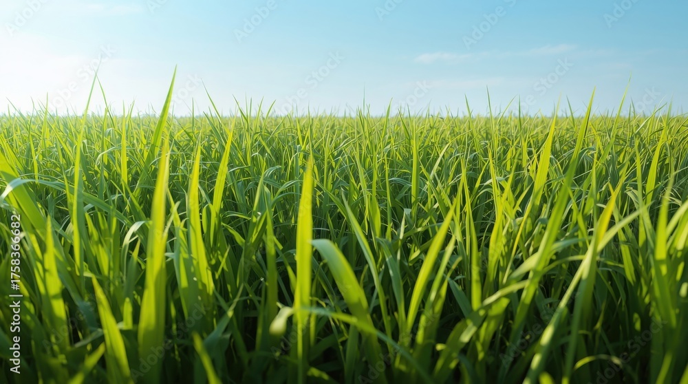 Obraz premium Lush green grass field under a clear blue sky on a bright sunny day outdoors