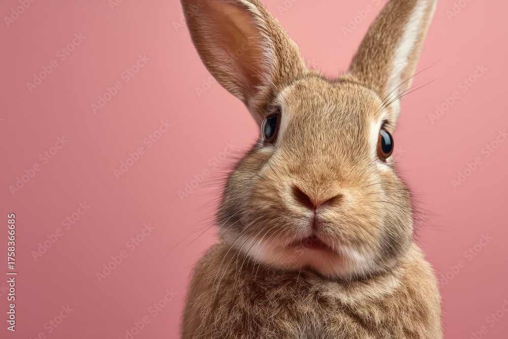 Fototapeta premium Fluffy rabbit with wide eyes, uneven ears, pink background