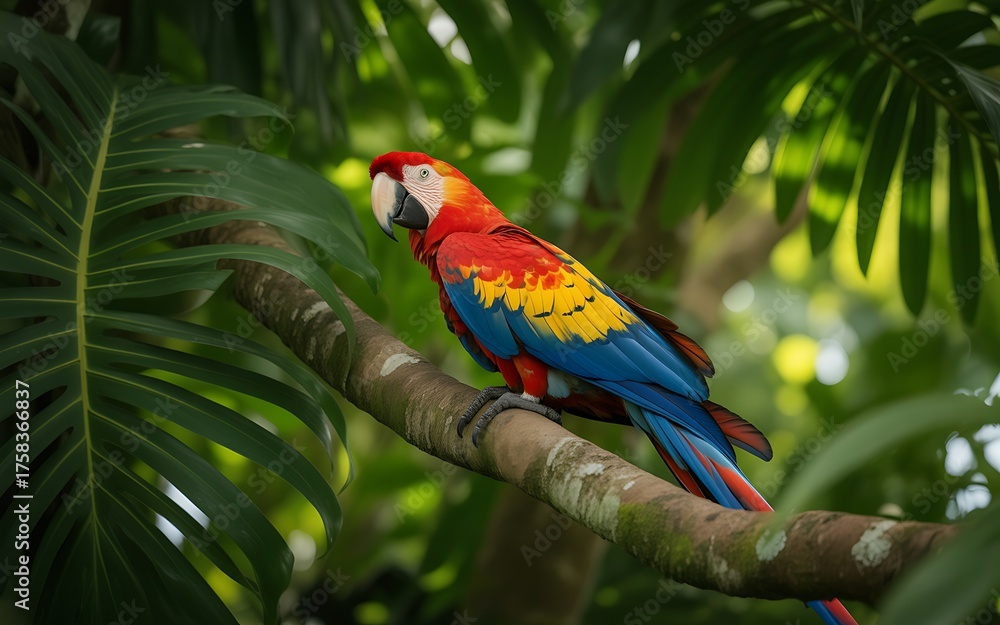 Obraz premium A vibrant scarlet macaw parrot perched on a branch amidst lush green tropical foliage