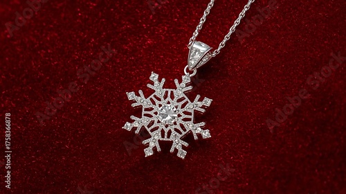 Silver Snowflake Pendant on Red Velvet – Elegant Winter Jewelry Background