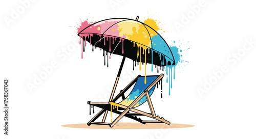 A colorful beach chair and umbrella dripping with paint on a sandy surface.