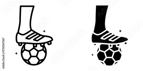 Soccer icon set. A simple line art and solid black illustration of a leg with a soccer cleat standing on a soccer ball.Isolated on white background.