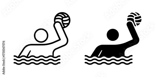 Water Polo icon set. A simple outline and glyph illustration of a water polo player throwing a ball in a pool on white background.
