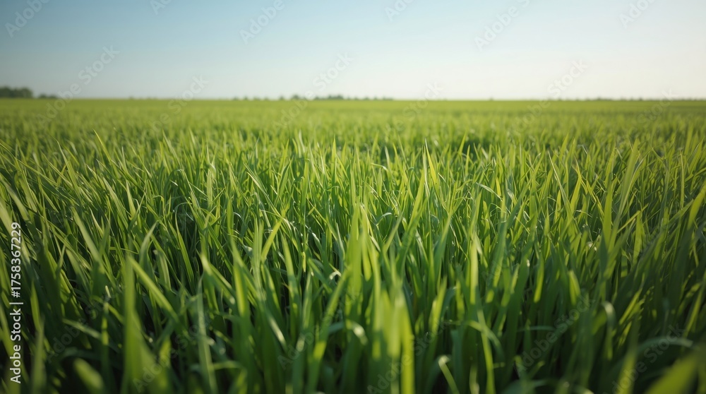 Fototapeta premium Lush green field of tall grass under a clear blue sky on a sunny day outdoors