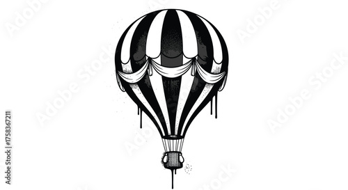 An artistic depiction of a vintage striped hot air balloon suspended against a white background with a basket and gondola.