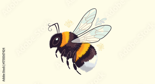 An adorable pixel art bumblebee with translucent wings floats gently through the air.