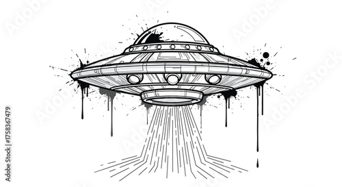 A classic flying saucer design emitting a beam of light from its underside, rendered in a stylized black and white sketch with paint splatters.