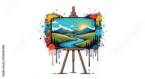 An artistic landscape painting displayed on a wooden easel with vibrant paint splatters surrounding the canvas.
