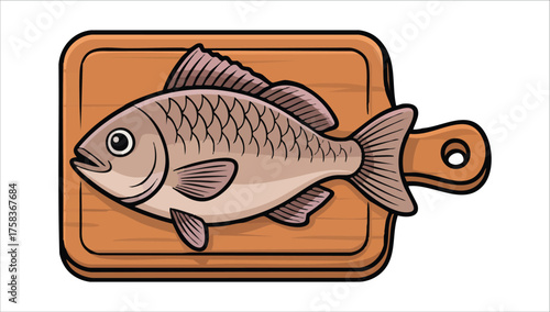 drawn cartoon fish on wooden cutting board vector art isolated white