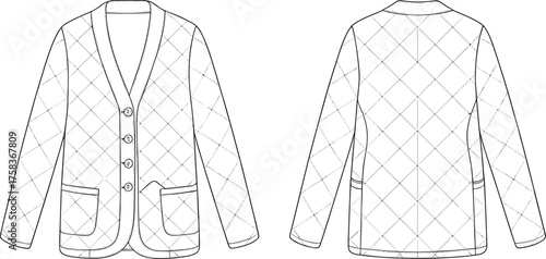 Quilted jacket technical flat sketch, front and back view, men’s fashion CAD drawing, apparel design vector, clothing template illustration