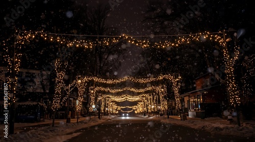 Snowy Street with Festive String Lights Creating a Cozy Holiday Atmosphere
