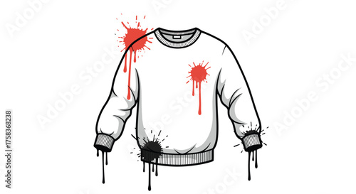 A white crewneck sweatshirt with red and black paint splatters and drips suggesting a street art graffiti style.