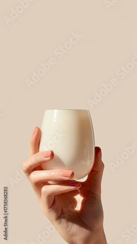 Hand holding minimalist white ceramic cup against soft beige background