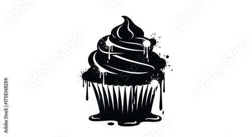 A dark chocolate cupcake with dripping icing and splatter effects.