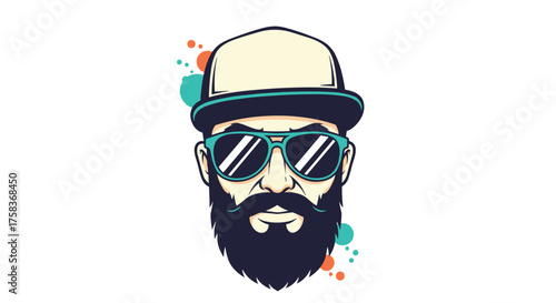 A stylized illustration of a man with a beard and sunglasses wearing a hat.