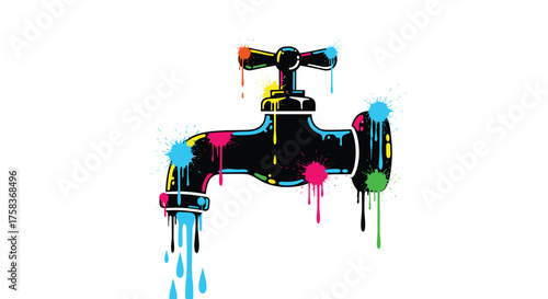 A colorful and artistic depiction of a dripping faucet with vibrant paint splatters adding a modern and expressive touch to the image.