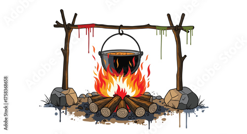 A rustic campfire simmers a hearty stew in a black cauldron over burning logs and colorful drippings above the frame.