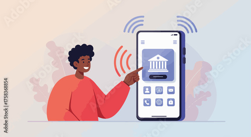 A young man using a mobile banking application on his smartphone for online financial management and transactions